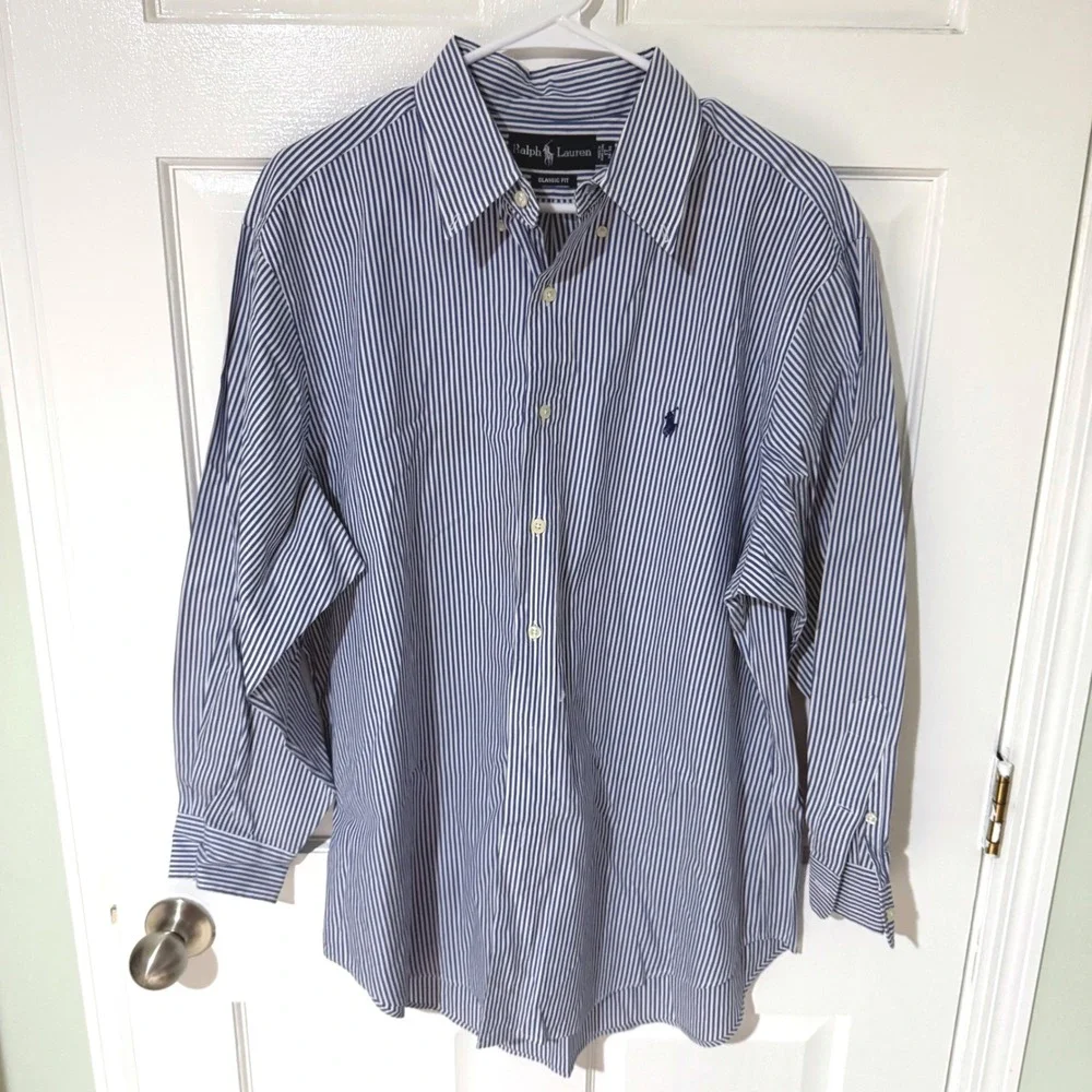 Ralph Lauren Mens Classic Fit Blue White Striped Button Down Shirt 17 32/33